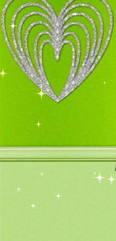 Vibrant green wallpaper with silver heart design.