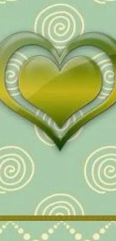 Green heart and spiral pattern phone wallpaper design.