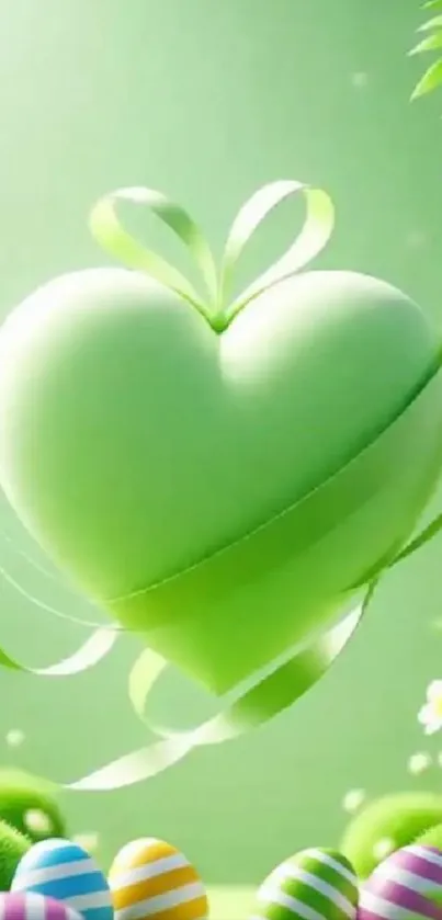 Green heart with floral accents on mobile wallpaper
