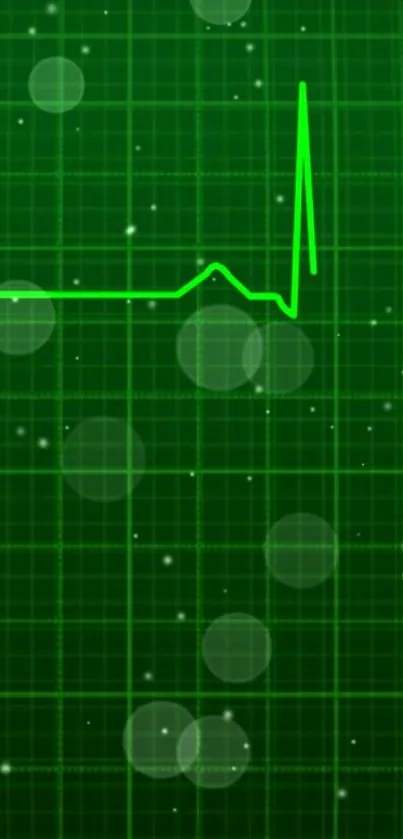 Green heartbeat wallpaper with grid and glowing circles.