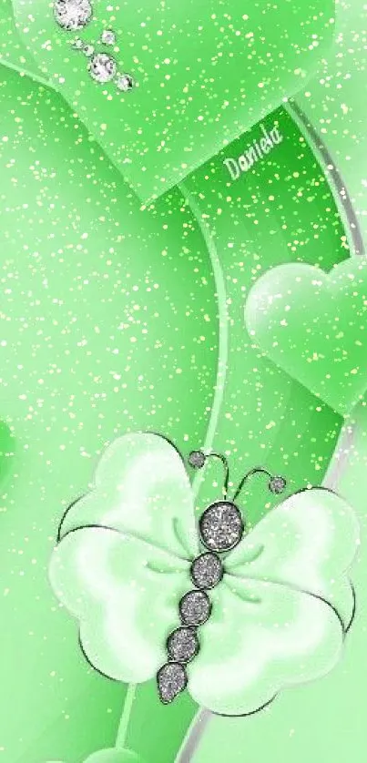 Mint green wallpaper with hearts and jeweled butterfly design.