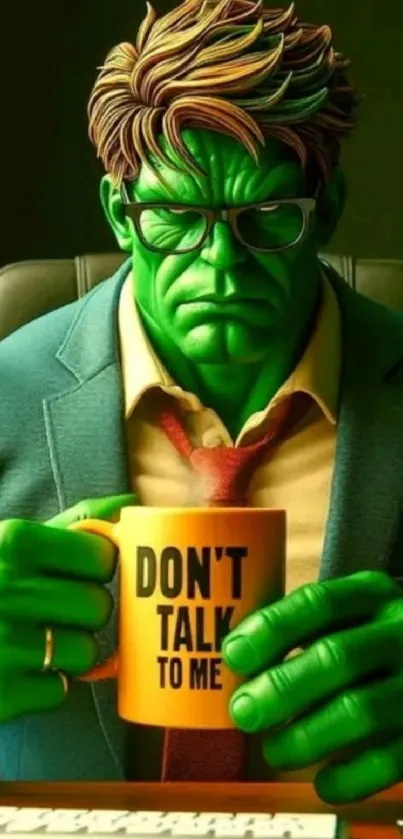 Green superhero holding a mug in a suit and tie