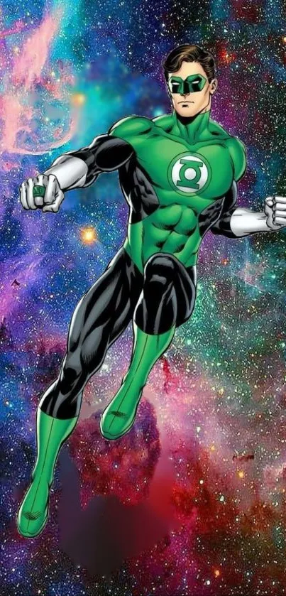 Superhero in green suit flying in vibrant cosmic background.