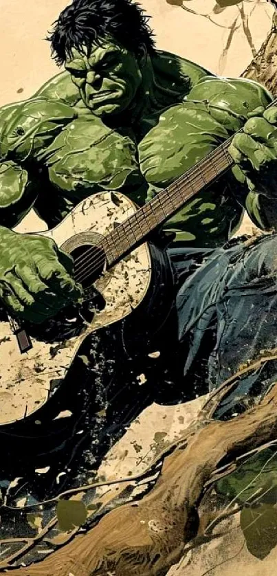 Green hero strumming a guitar in comic art style.