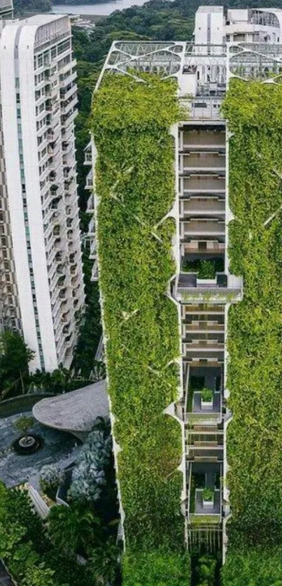 Green high-rise building surrounded by nature.