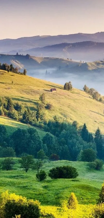 Scenic view of rolling green hills with misty mountains.