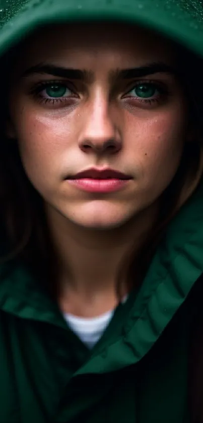 Mysterious portrait with green hood in nature.