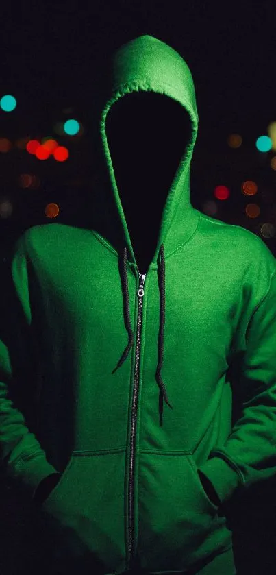 Hooded figure in green jacket amidst city lights.