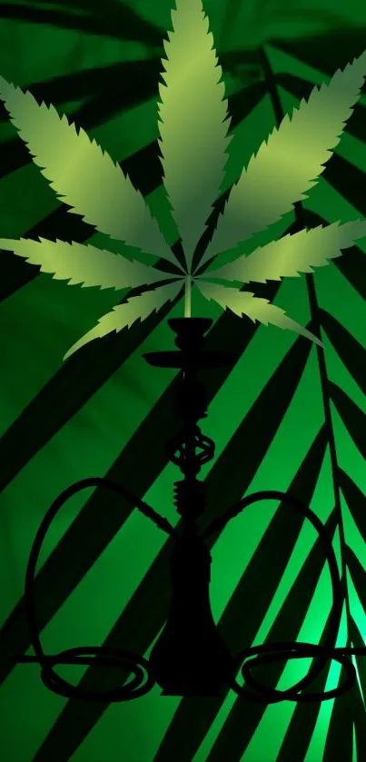 A silhouetted hookah with a green cannabis leaf on a vibrant background.