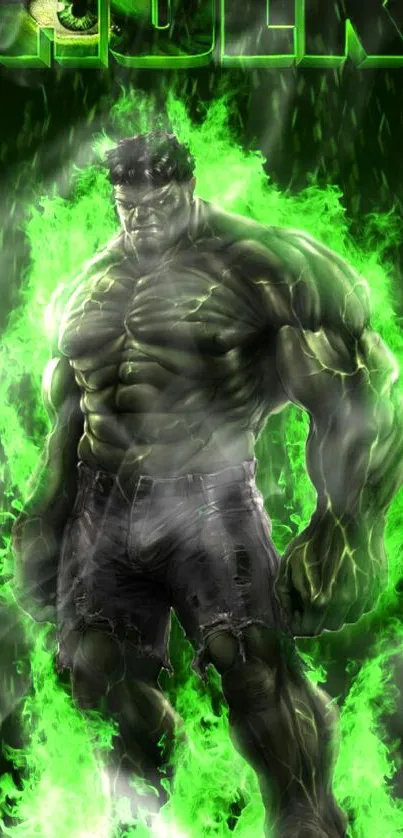 Hulk surrounded by green flames in dramatic wallpaper.