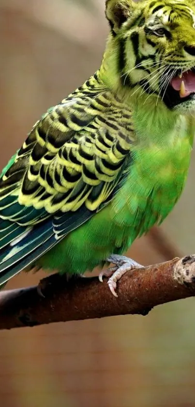 Hybrid bird with tiger face and green feathers on branch.