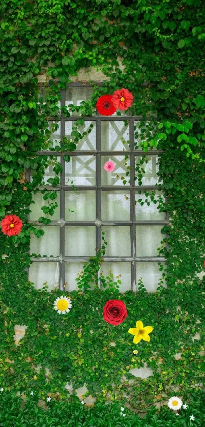 Ivy-covered window with lush green leaves, perfect for nature-themed wallpaper.