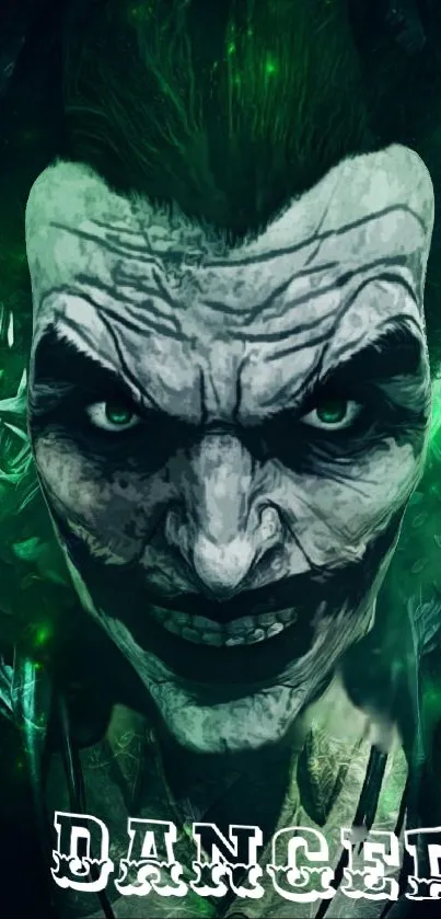 Sinister Joker face in dark green theme artwork.