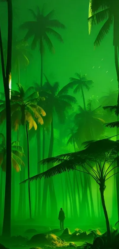 Mystic green jungle with lush palm trees and ambient light.