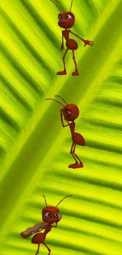 Cute red ants on vibrant green leaf wallpaper.