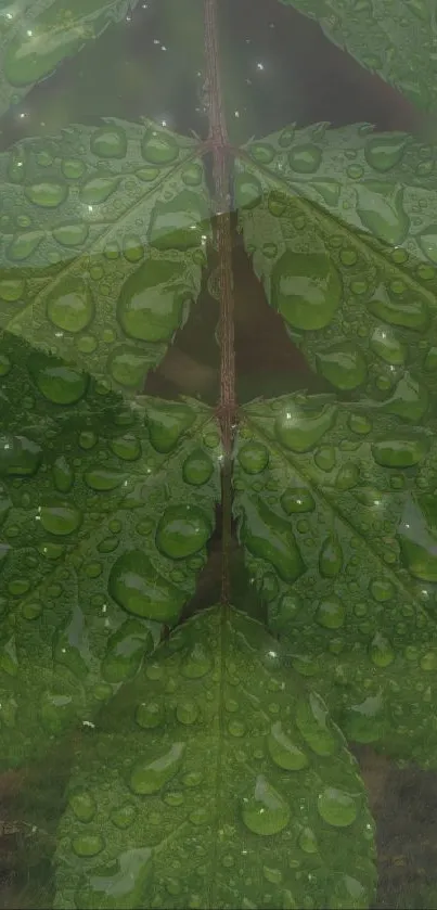 Green leaves with dew drops create a refreshing wallpaper.