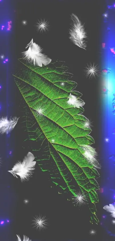 Green leaf with glowing feathers on a blue-hued wallpaper.