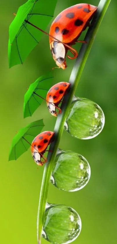 Ladybugs on a green leaf with raindrops and tiny umbrellas.