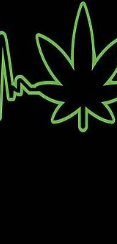 Green neon cannabis leaf with heartbeat line on black background.