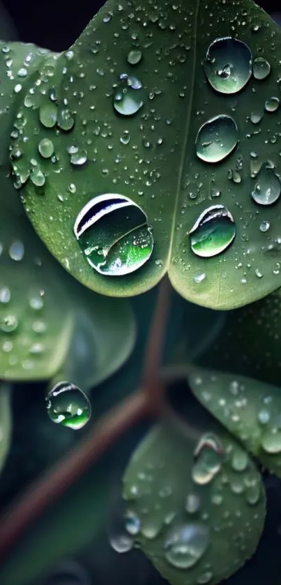 Close-up of green leaves with water droplets on a mobile wallpaper.