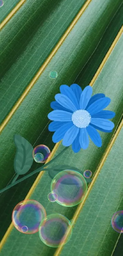 Green leaf background with a blue flower centerpiece.