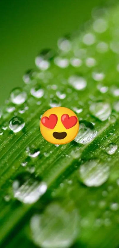 Green leaf background with heart-eyed emoji and water droplets.