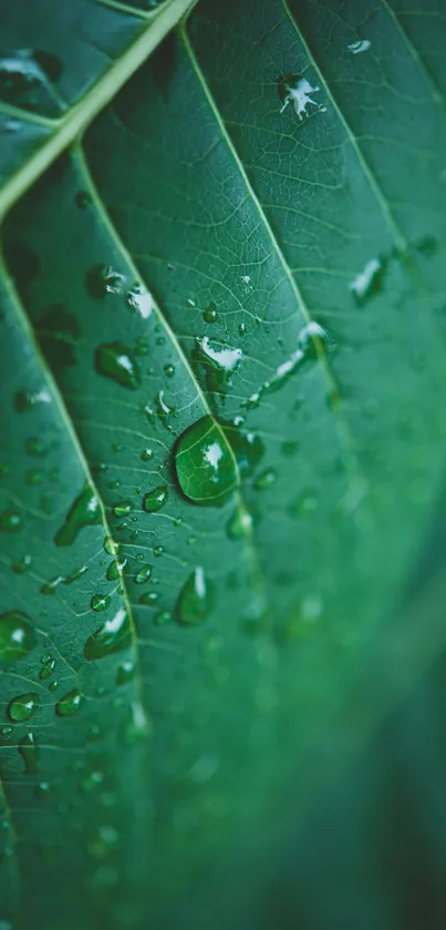 Macro shot of a green leaf with water droplets.