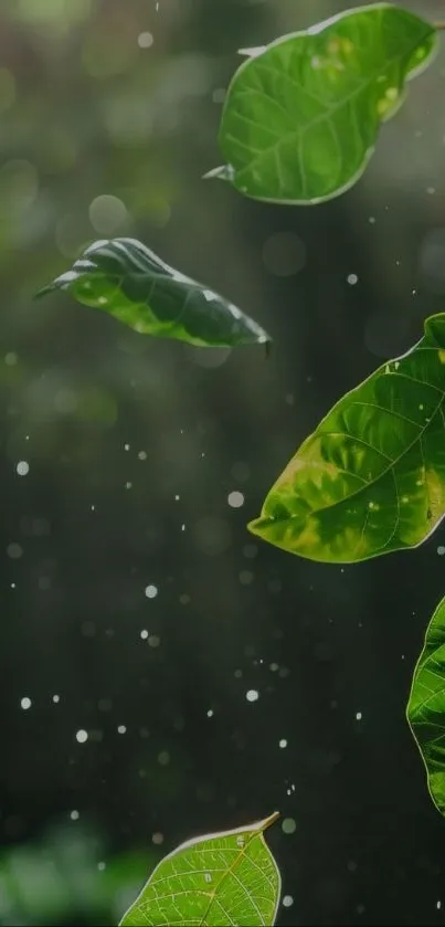 Green leaves floating softly in ambient light.