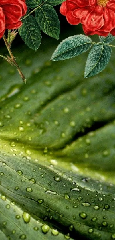 Green leaves with red flowers and dewdrops on a mobile wallpaper.