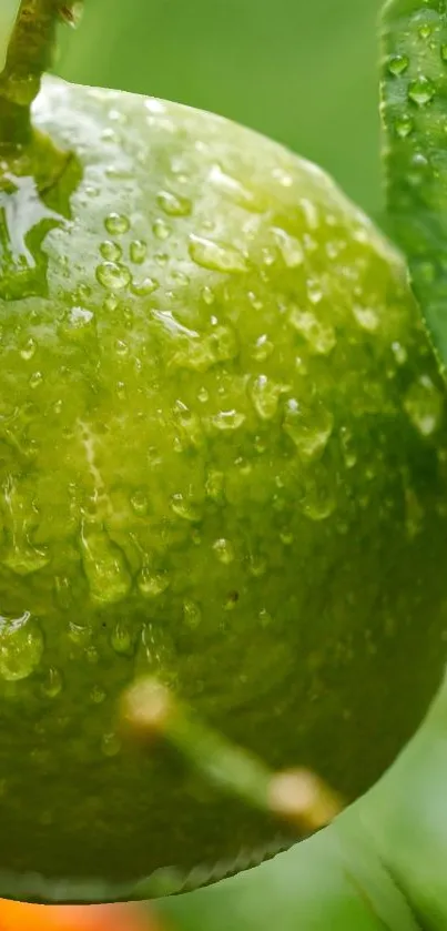Close-up of a green lime covered in dew drops set against a leafy background.