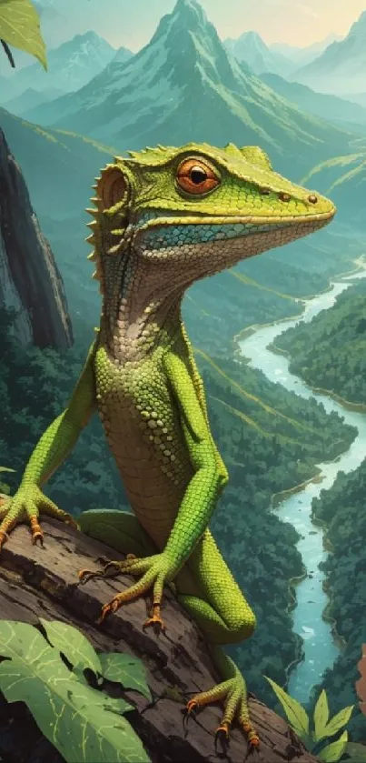 Green lizard perched on a rock in a lush mountain landscape with a flowing river.