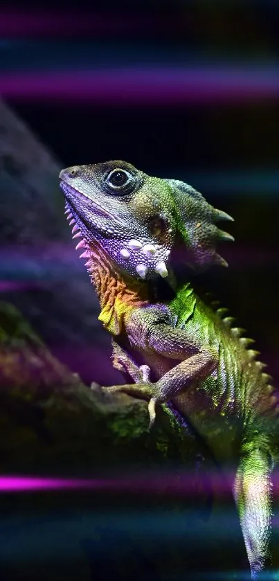 Vibrant green lizard perched on dark textured bark, illuminated by natural light.