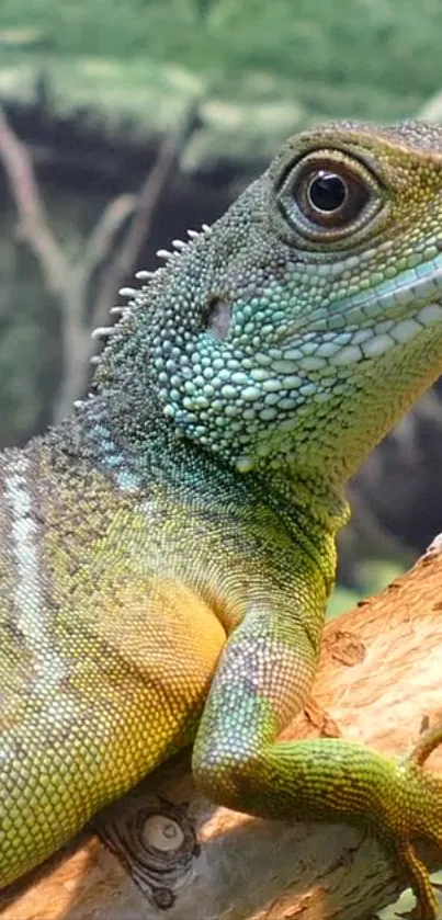 Green lizard perched on wooden branch with a natural background.