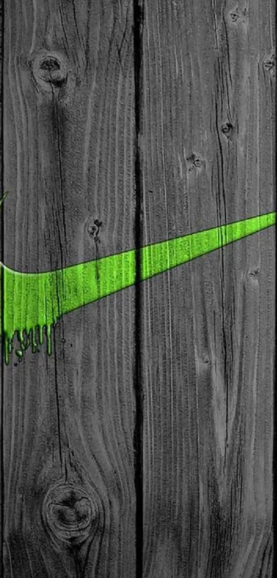 Green swoosh logo on dark wooden background.