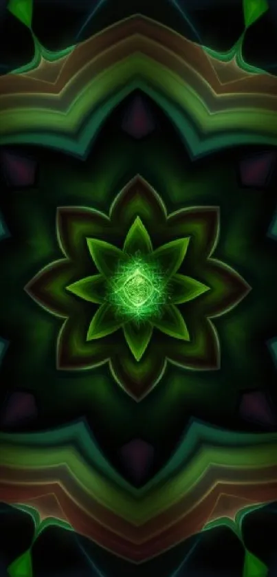 Vibrant green mandala wallpaper with a kaleidoscope design, featuring intricate patterns.