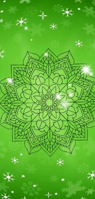 Green mandala with floral patterns and stars on a vibrant phone wallpaper.