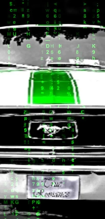 Green matrix coding over classic car wallpaper.