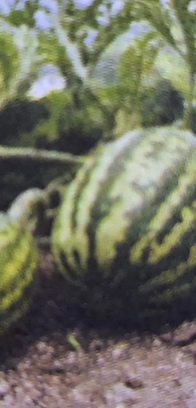 Green melons growing in a lush field with vibrant foliage.