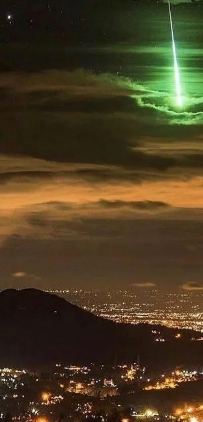 Vibrant green meteor streaks across a night sky over a city.