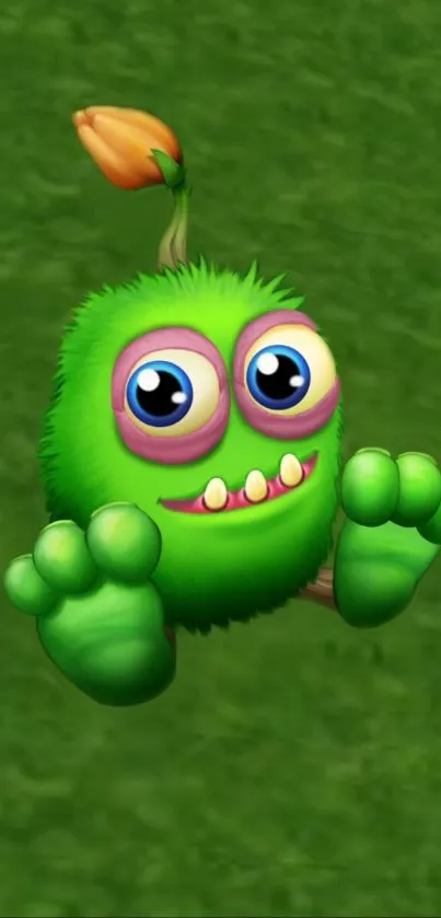 Green cartoon monster with big eyes on grass background.