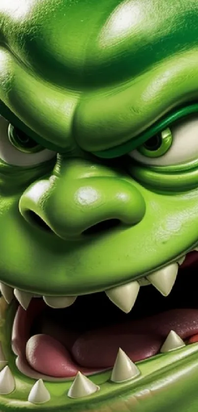 Vibrant green monster cartoon character with dynamic expression.