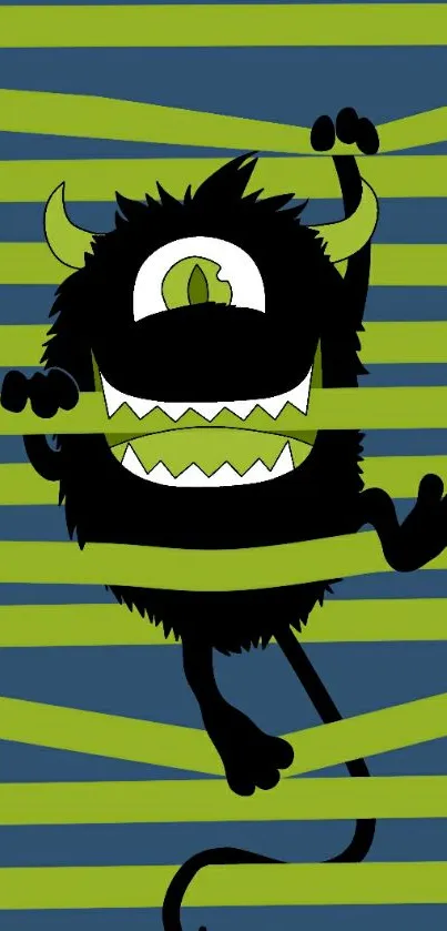 Playful green monster on striped wallpaper background.