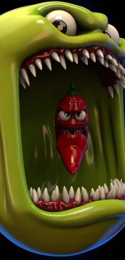 Cartoon monster with a red pepper inside its mouth on a mobile wallpaper.