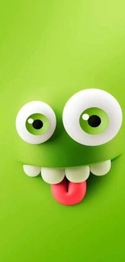 Green monster with big eyes and tongue sticking out.