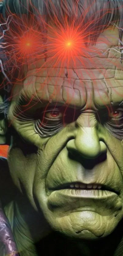 Green monster with glowing red eyes in a dark-themed wallpaper.