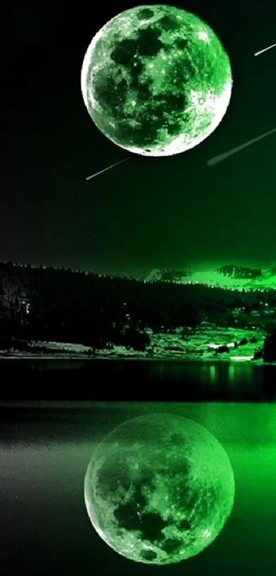 Green moon reflecting over a tranquil lake at night.