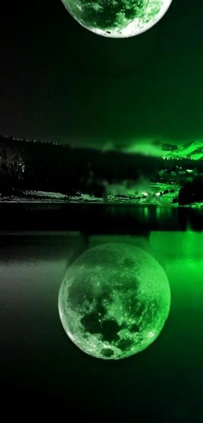 Green moonlit night scene with serene reflections on a lake.