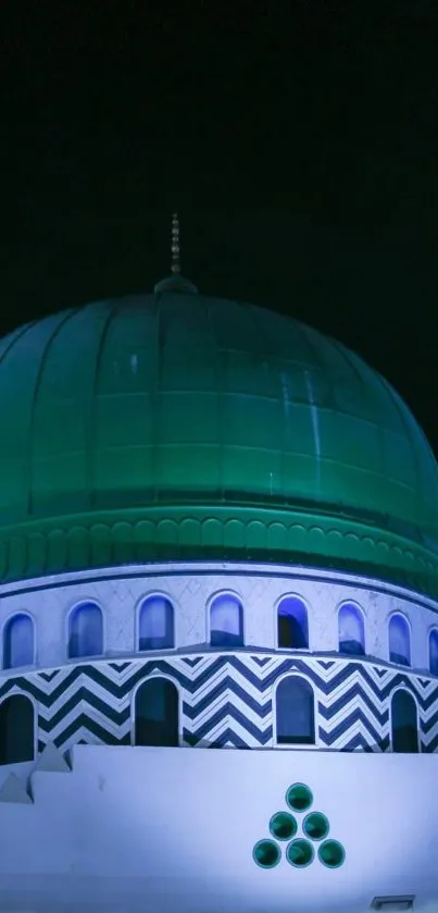 Green mosque dome at night with starry sky, perfect for elegant wallpapers.