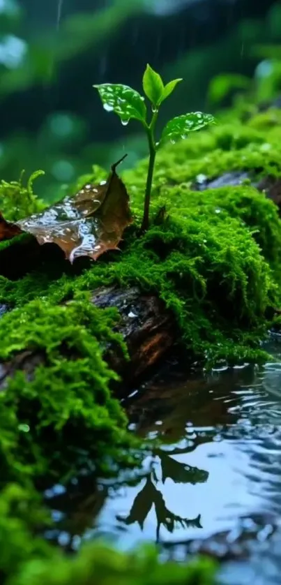A lush green moss landscape with a sprouting leaf on a forest floor.