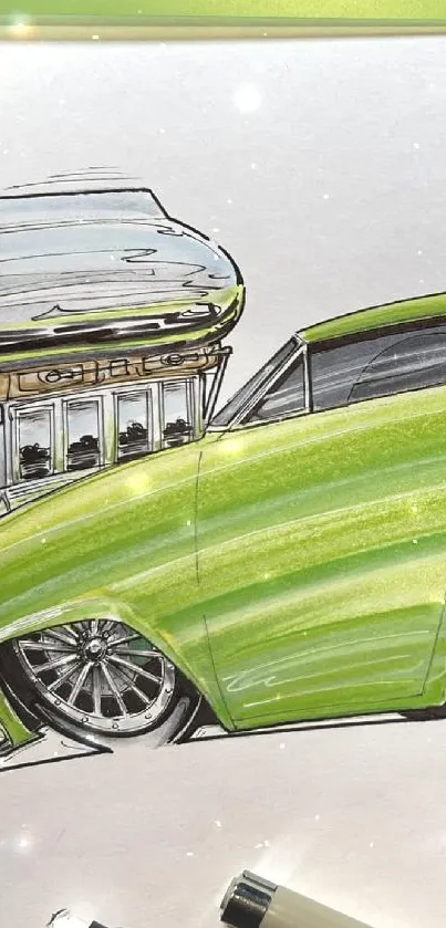 Sketch of a neon green muscle car, blending creativity with speed.